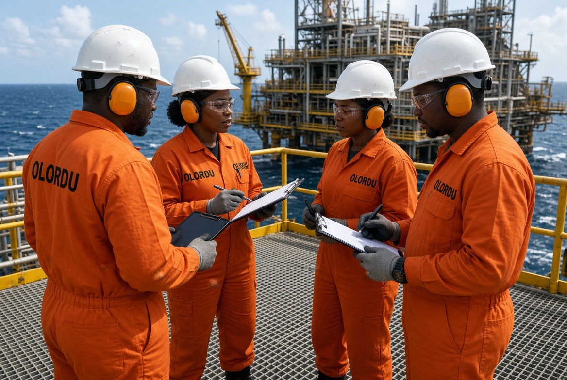 Olordu offshore maintenance crew in full PPE conducting a toolbox talk